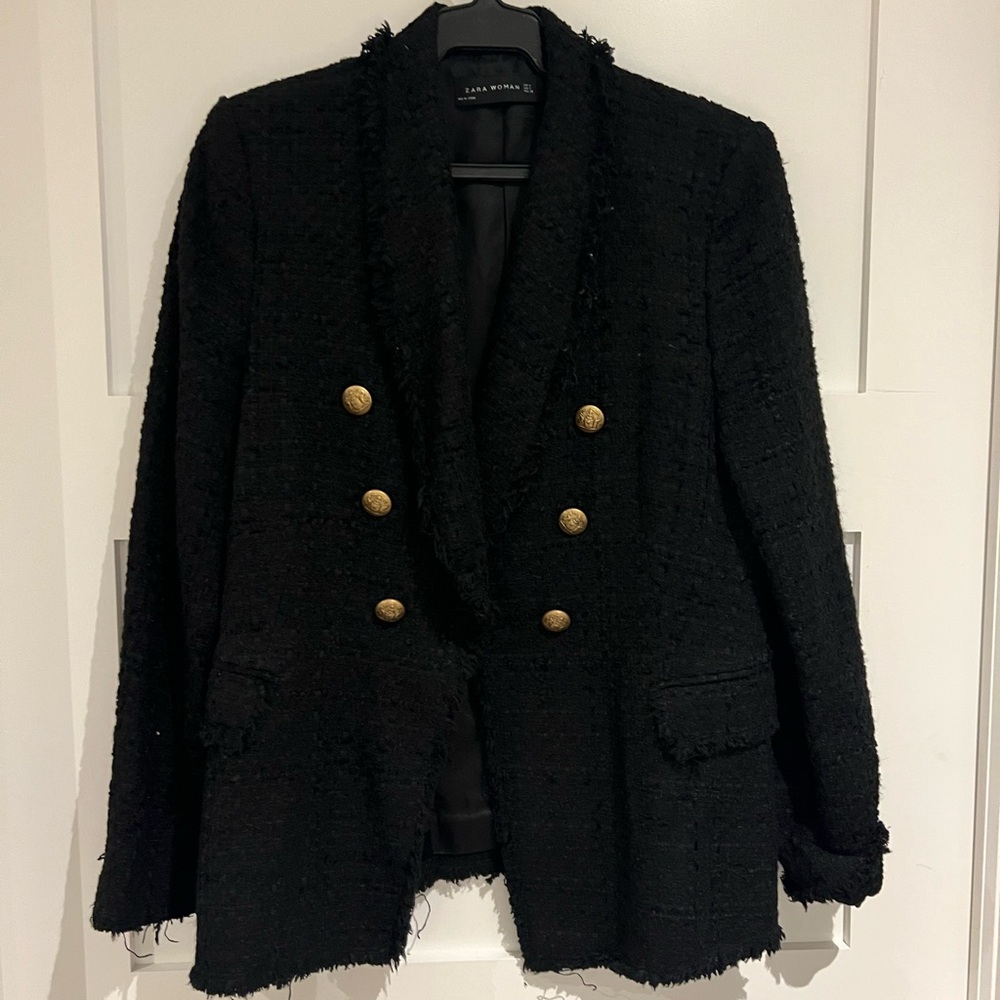 Zara Black Textured Blazer with Gold Buttons